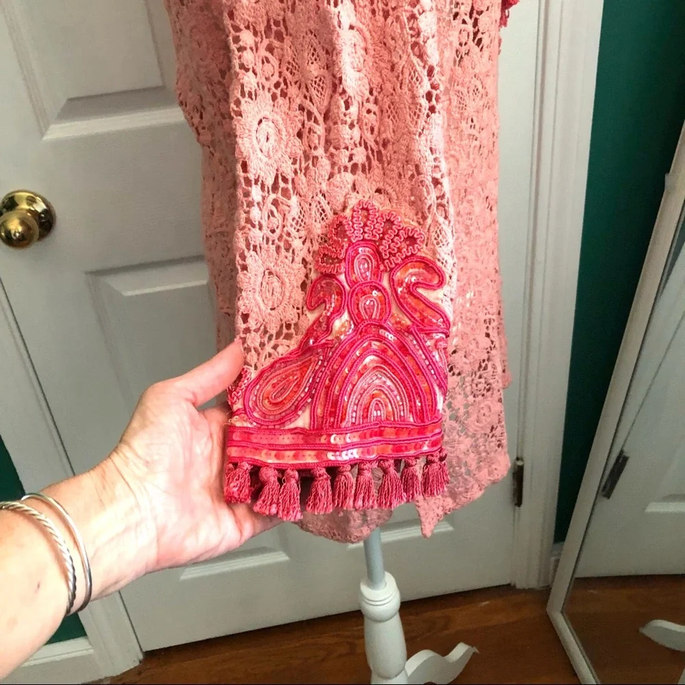 Calypso St. Barth’s tunic dress, peach/coral embroidered sequin & tassels S